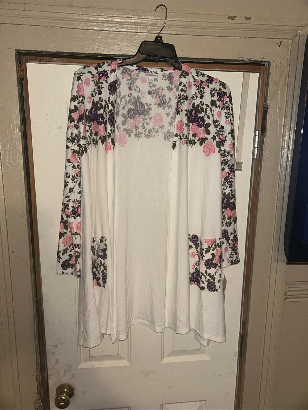 LuLaRoe White Open-Front Cardigan with Pink & Purple Floral Trim 070726#